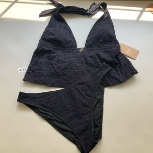 Samiol XL Black Navy Deep V Plaid Tankini Swimsuit New